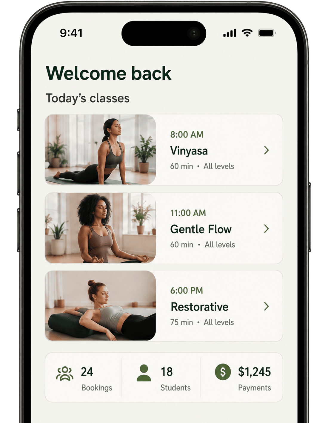 YogaCRM mobile app dashboard